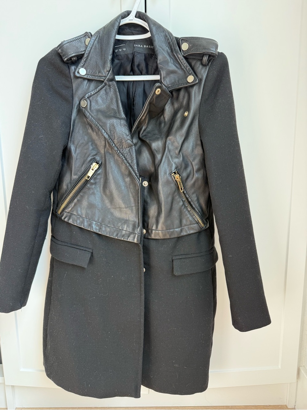 Zara Black Mixed-Media Moto Coat with Wool-Blend Skirted Body